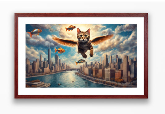 Cat's Rhapsody; a flying cat with fish #0307